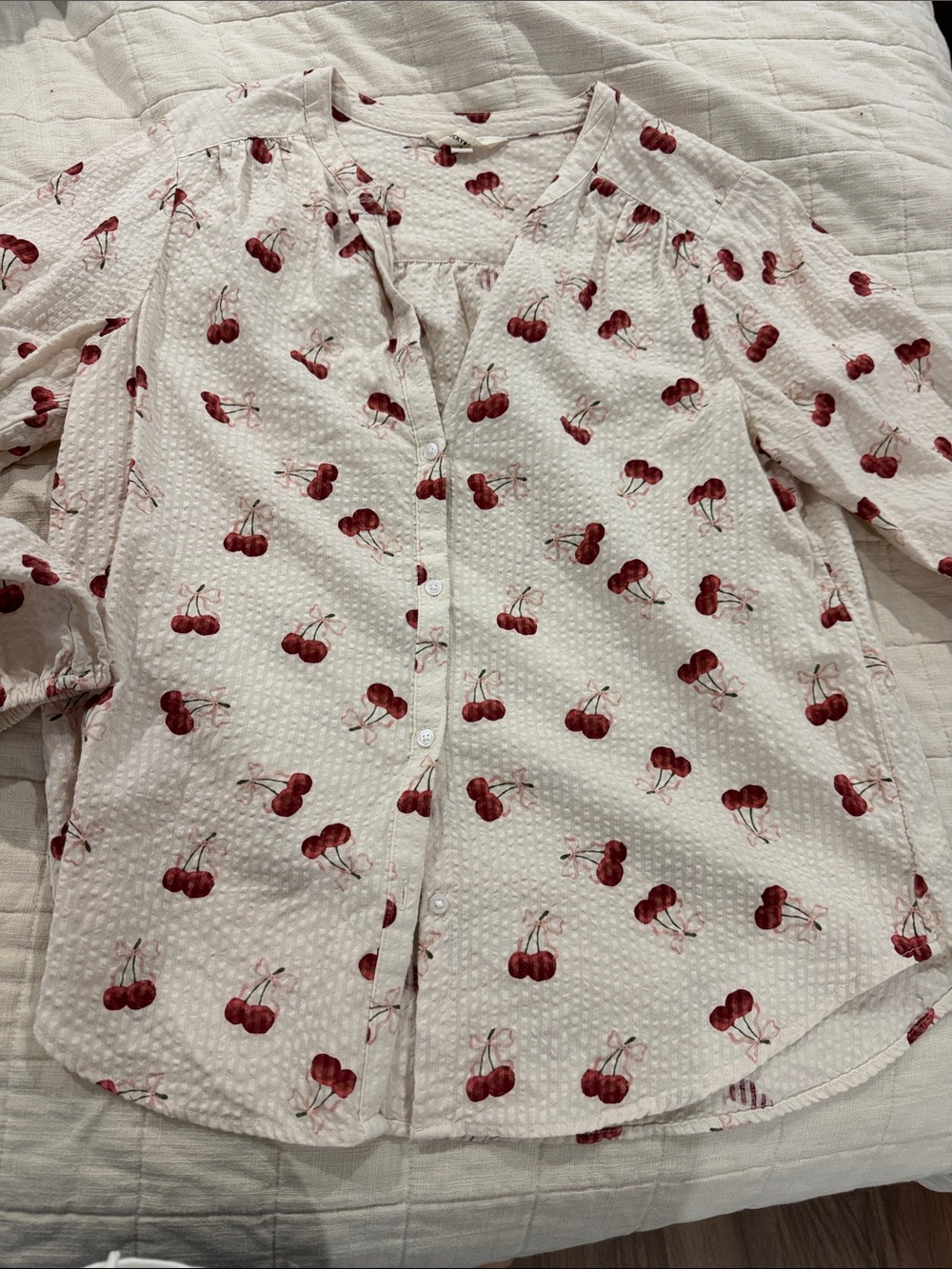 Lucky Brand Cream Button-Down Shirt with Red Cherry Print